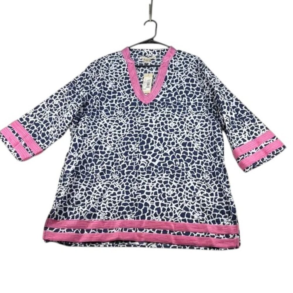 Hanna & Gracie Top Deep Blue Geo Print V-Neck 100% Cotton Size XXL
